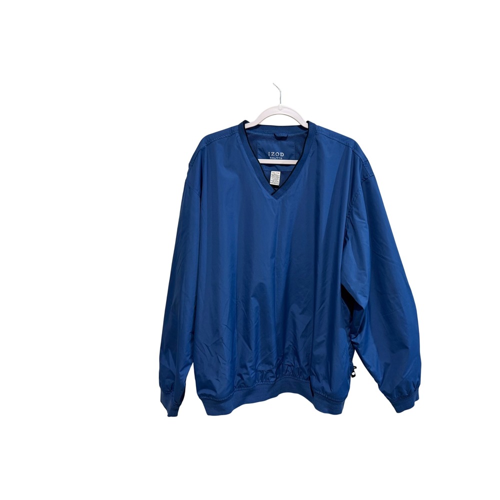 IZOD Men XXL Blue V-Neck Windbreaker Pullover Golf Jacket Mesh Lined Ribbed Trim